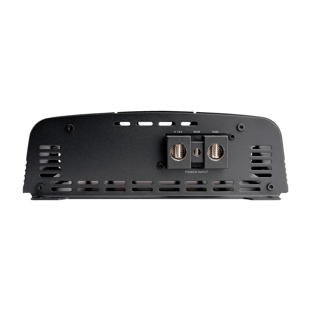 Audiopipe class D amplifier rear panel with power input connections on black chassis