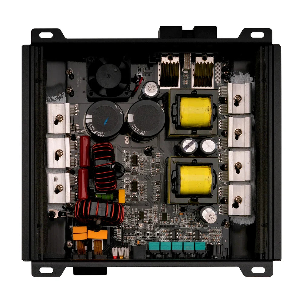 Audiopipe class D amplifier interior with exposed circuit board and cooling components