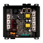 Audiopipe class D amplifier interior with exposed circuit board and cooling components