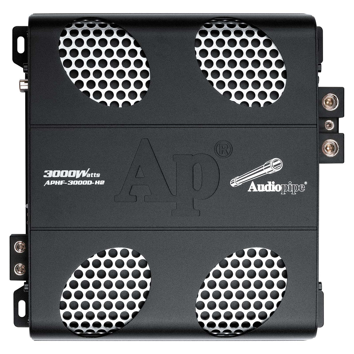 Black monoblock car amplifier with four circular metal speaker grills and logo label