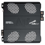 Black monoblock car amplifier with four circular metal speaker grills and logo label