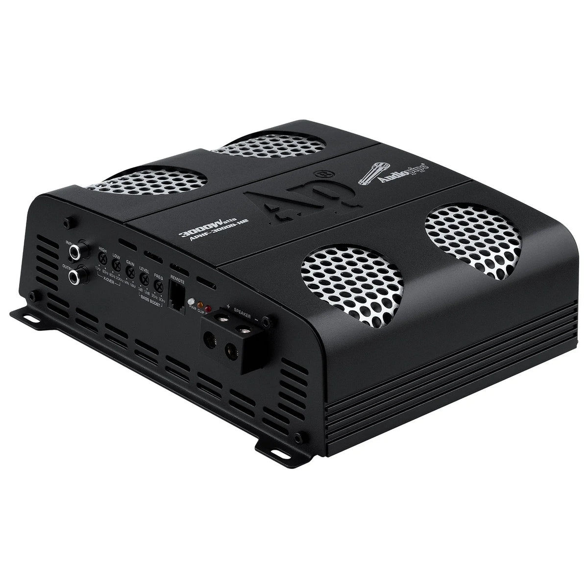 Black car amplifier showing side panel, vent slats, and control ports along the edge