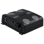 Black car amplifier showing side panel, vent slats, and control ports along the edge