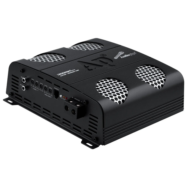 Black car amplifier showing side panel, vent slats, and control ports along the edge