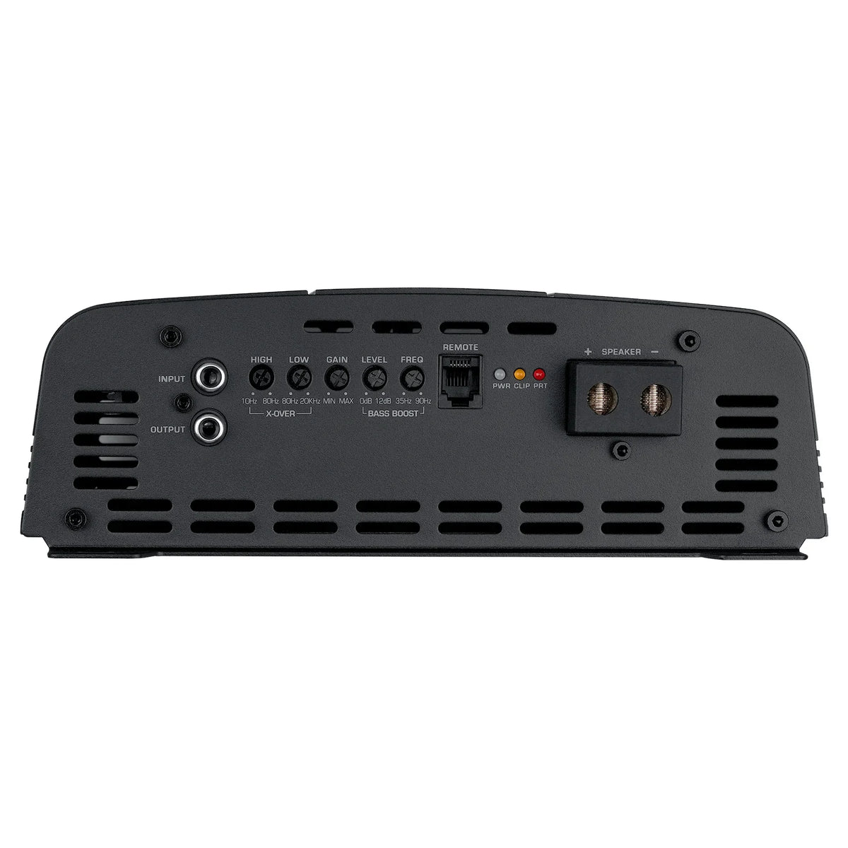 Black rear panel of car amplifier with input controls, speaker terminal, and vent slots