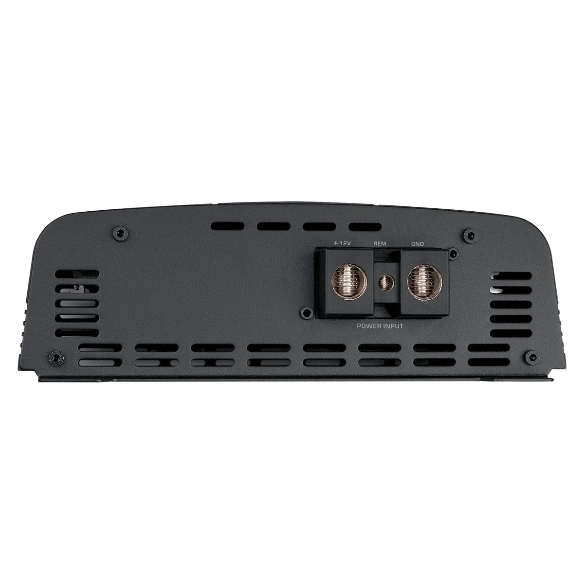 Black amplifier bottom rear panel with power input connectors and vented heatsink design