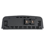 Black amplifier bottom rear panel with power input connectors and vented heatsink design