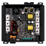 Open black amplifier interior with circuit boards, capacitors, and wiring terminals
