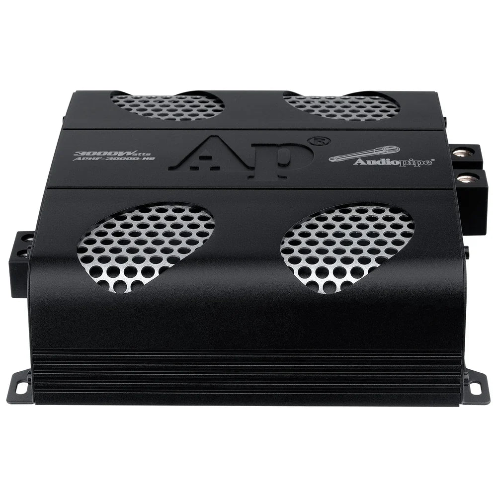Black amplifier front view with two top vent grilles and two lower circular grill openings