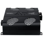 Black amplifier front view with two top vent grilles and two lower circular grill openings