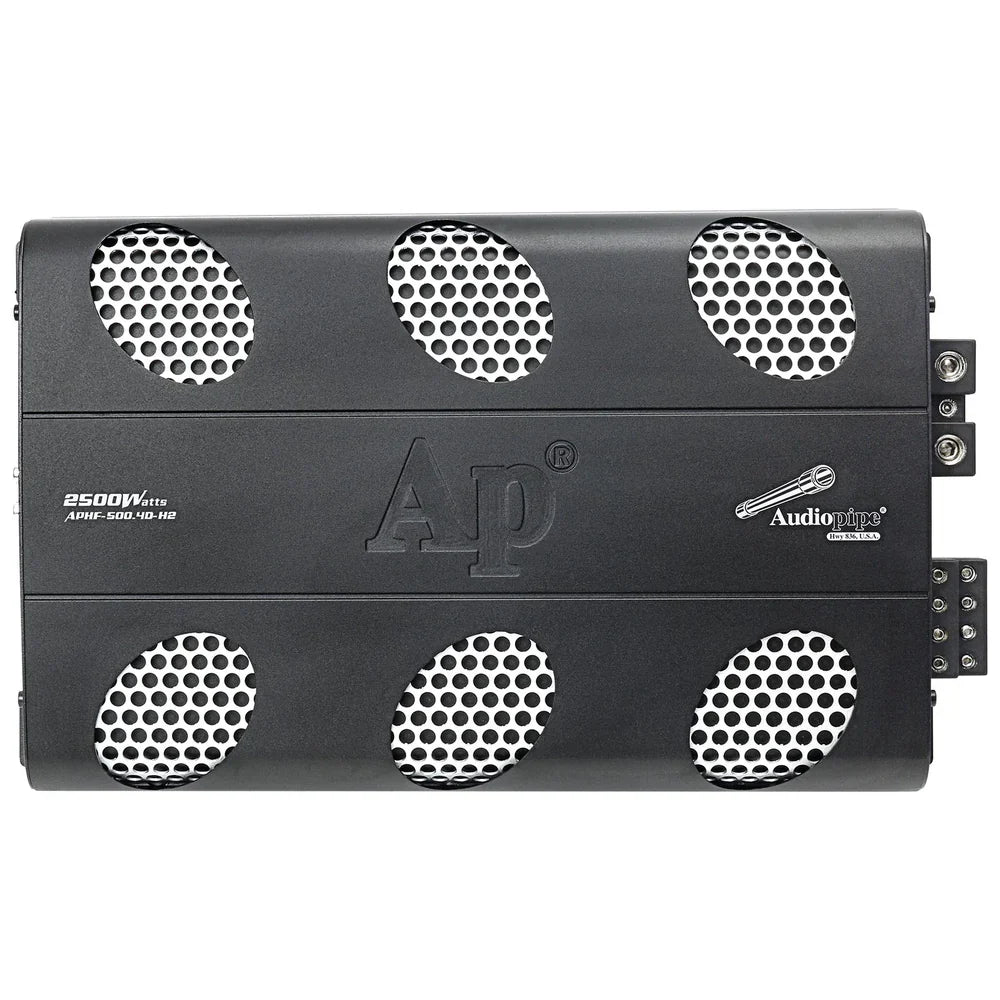 Audiopipe 4-channel full-range amplifier with speaker grille faceplate