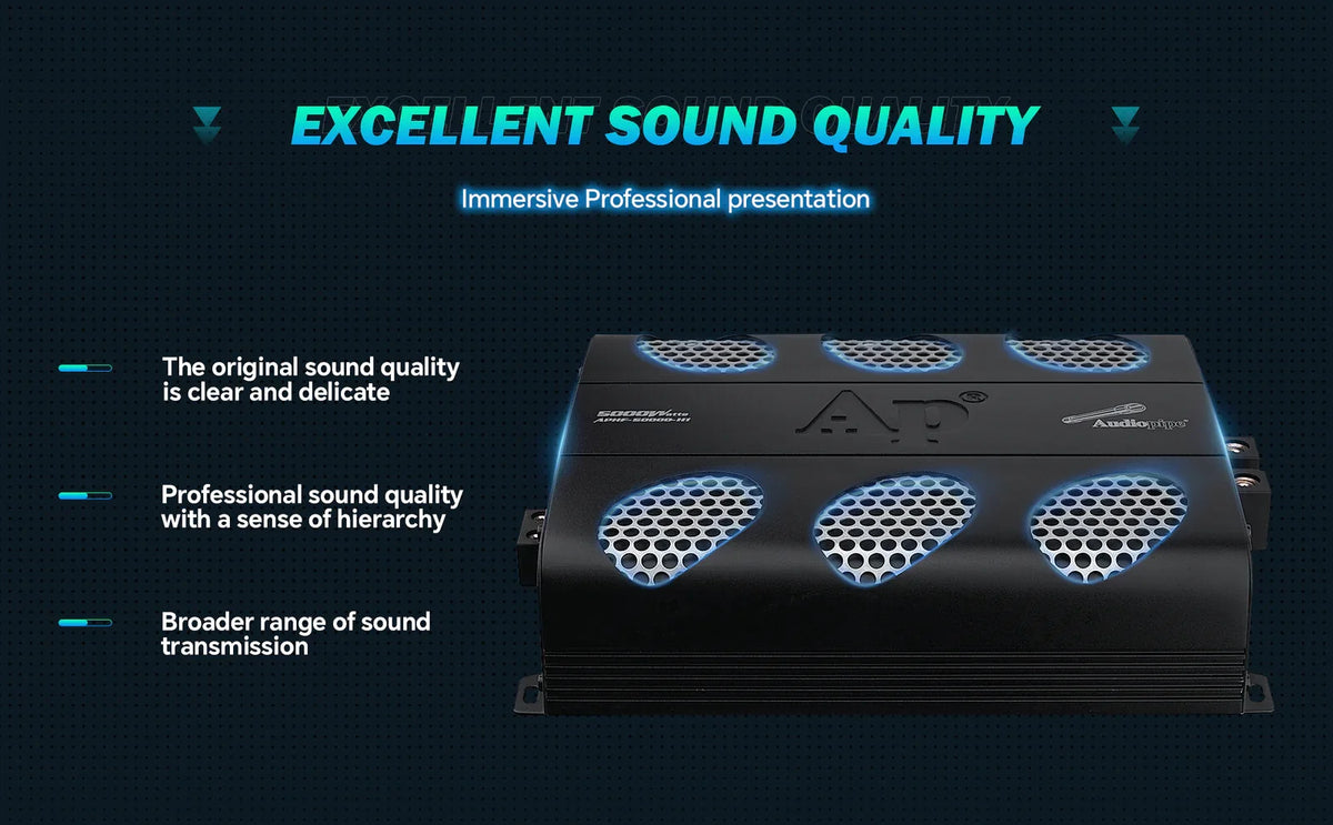 Black monoblock amplifier with three front speaker grilles and top vented panel