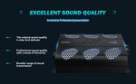 Black monoblock amplifier with three front speaker grilles and top vented panel