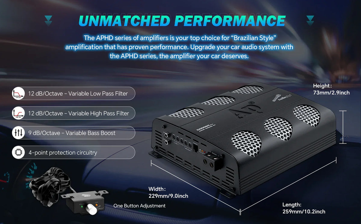 Black audio monoblock amplifier angled view showing front grilles and side ports