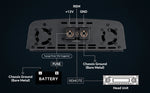 Amplifier rear wiring panel with fuse, battery, remote terminals, and chassis ground
