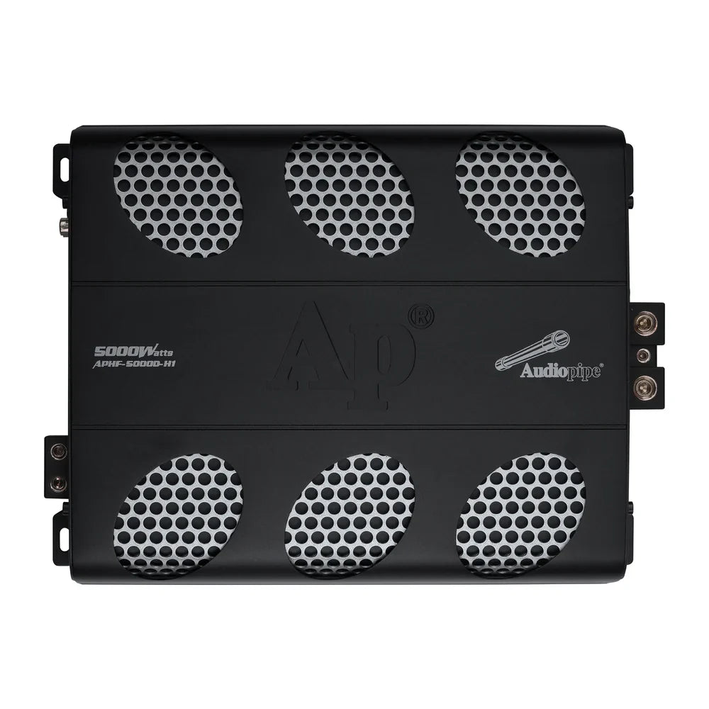 Black car audio class D amplifier with six metal grille vents and Audiopipe logo