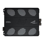 Black car audio class D amplifier with six metal grille vents and Audiopipe logo