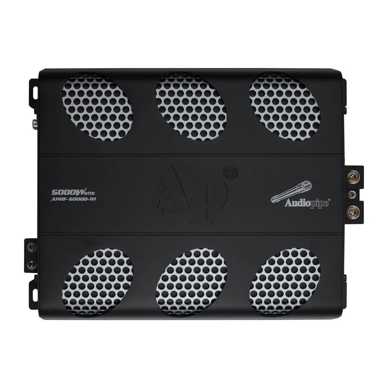 Black car audio class D amplifier with six metal grille vents and Audiopipe logo