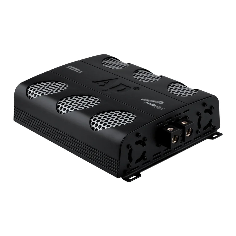 Black class D amplifier top view with perforated grille vents and control labels