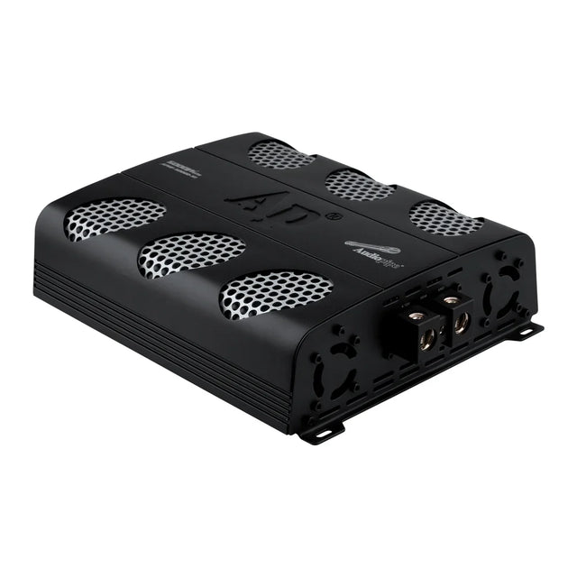 Black class D amplifier top view with perforated grille vents and control labels