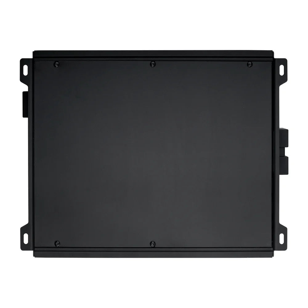 Black amplifier rear cover panel with mounting brackets and screws