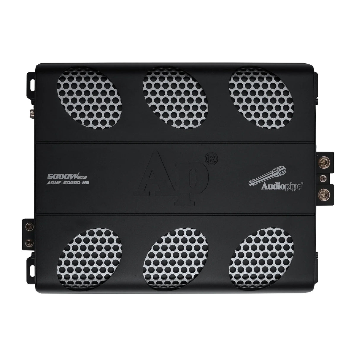 Black car audio amplifier front view with multiple speaker-style grille vents