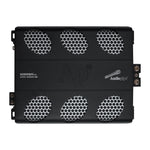 Black car audio amplifier front view with multiple speaker-style grille vents