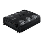 Black car audio monoblock amplifier with vented top and front panel connectors