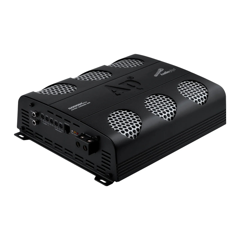 Black car audio monoblock amplifier with vented top and front panel connectors