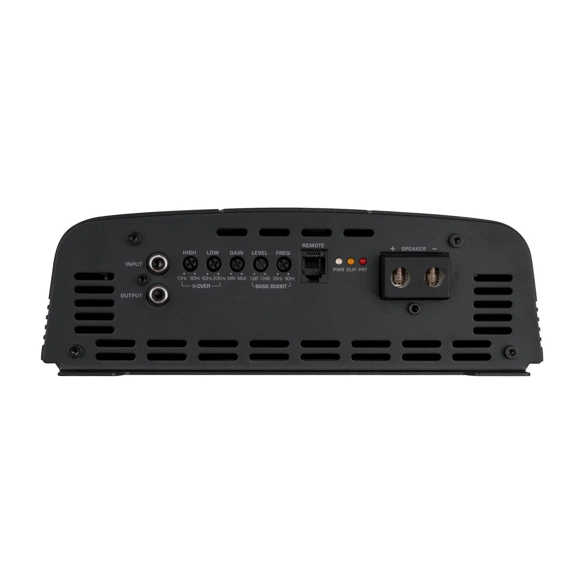 Black rear panel of car audio amplifier with input, output, and port labels