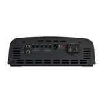 Black rear panel of car audio amplifier with input, output, and port labels