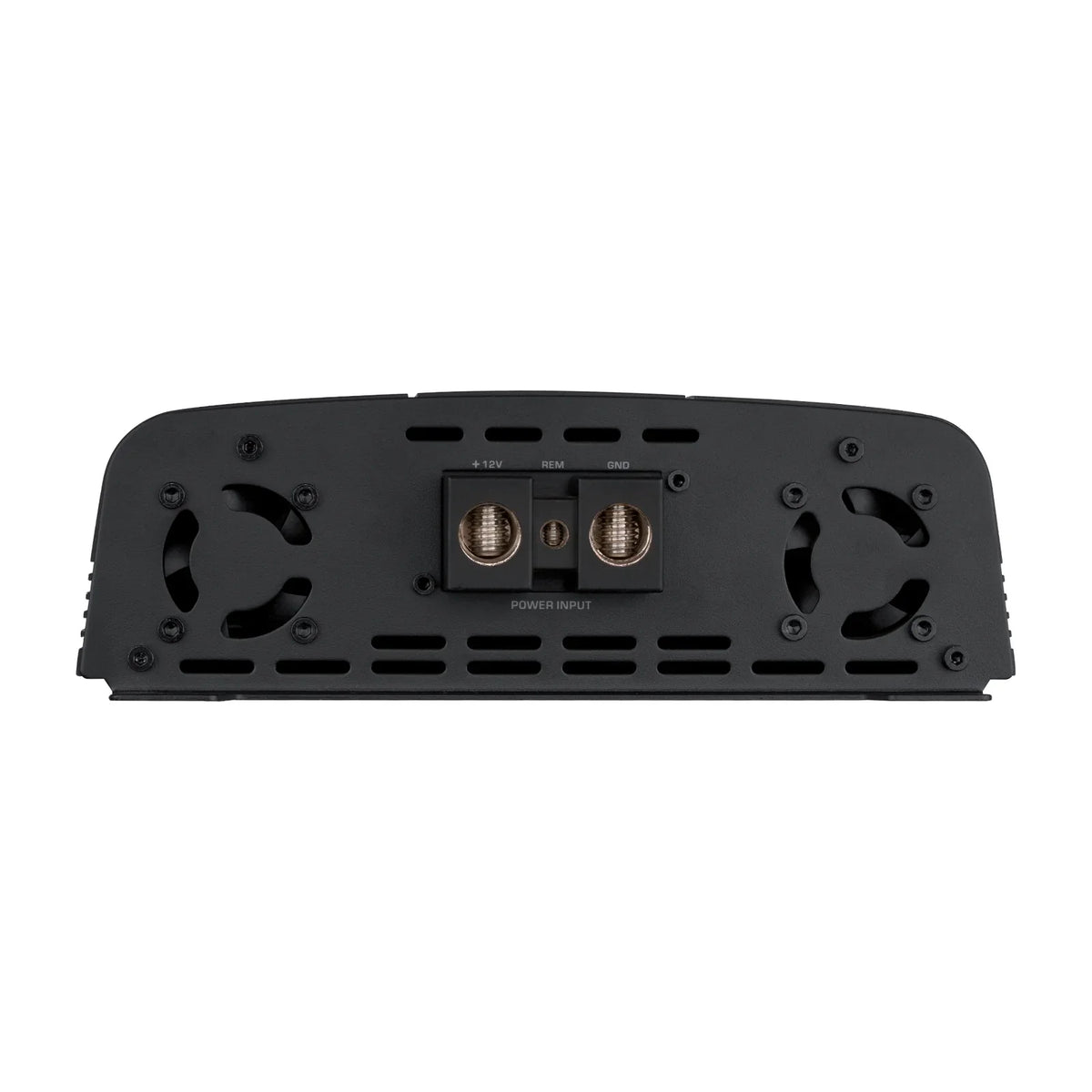 Black rear panel with dual heatsink fan grilles and speaker binding post connections