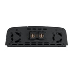 Black rear panel with dual heatsink fan grilles and speaker binding post connections