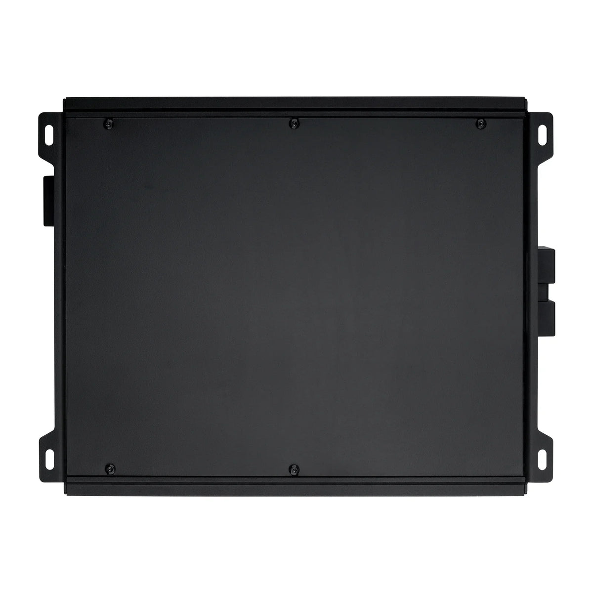 Black amplifier with front cover and side mounting brackets for installation