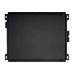 Black amplifier with front cover and side mounting brackets for installation