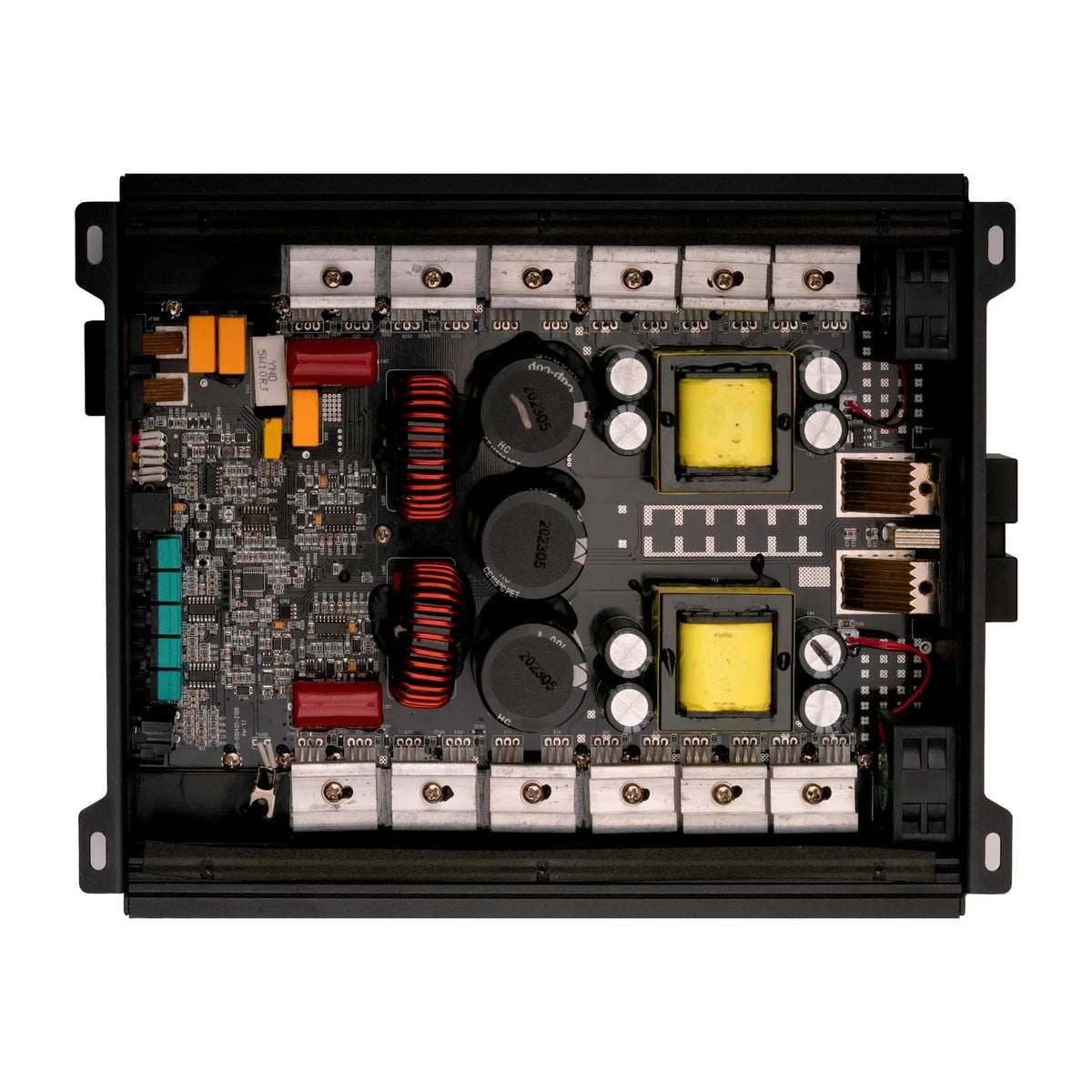 Opened car audio amplifier showing circuit boards, transformers, and terminal strip