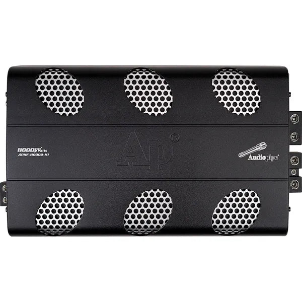 Audiopipe black amplifier with six circular cooling grille vents and side branding