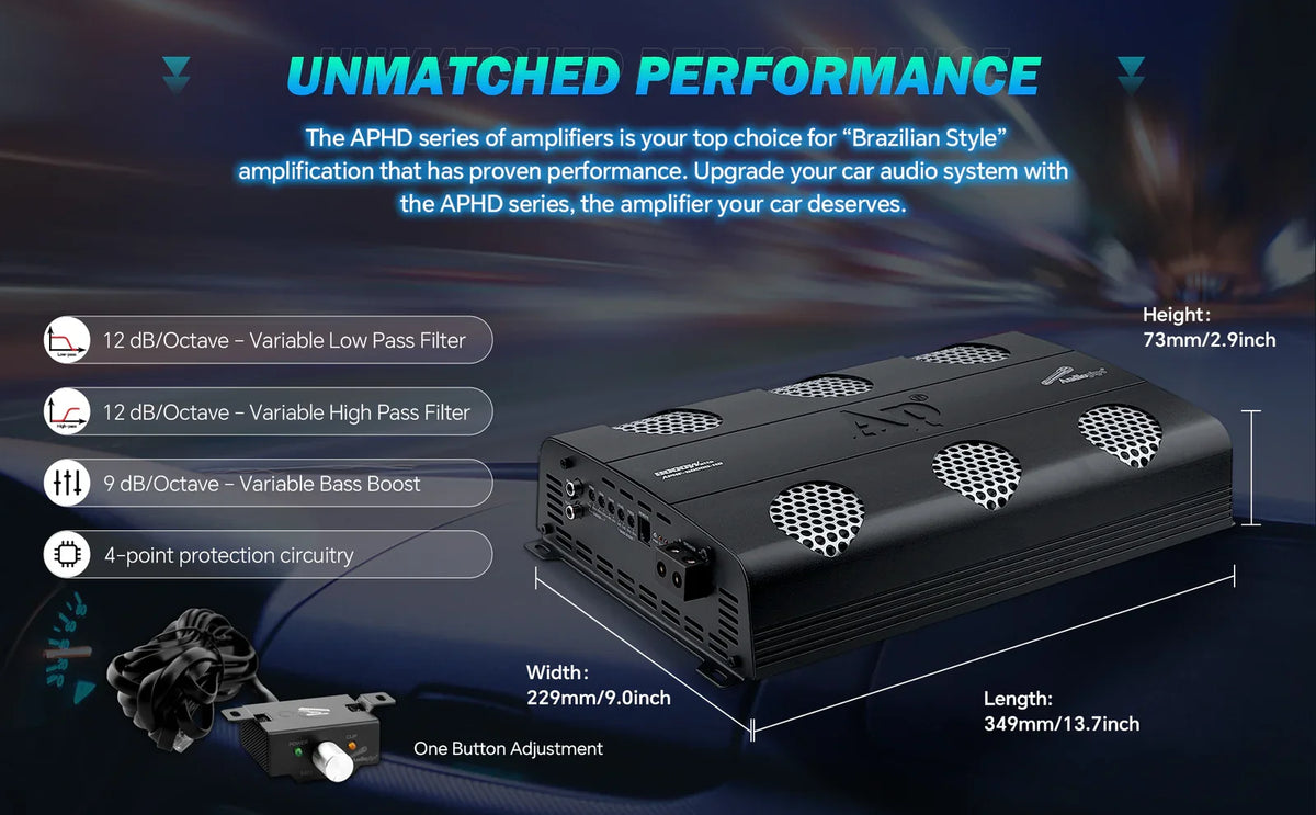 Black car monoblock amplifier, vented heatsink side view