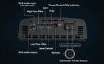 Car monoblock amplifier rear panel with RCA input, gain and filter controls