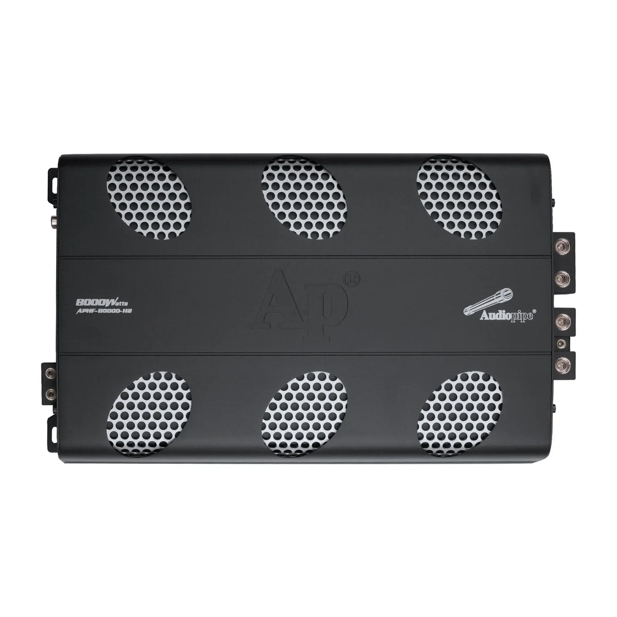 Audiopipe amplifier back panel with six round grille vents and side mounting hardware