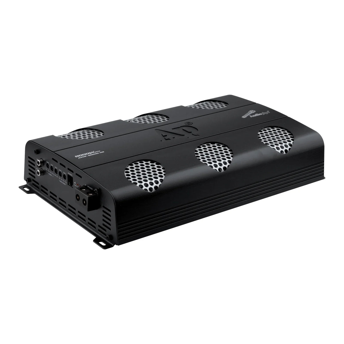 Audiopipe full-range monoblock amplifier with black metal housing and vented top