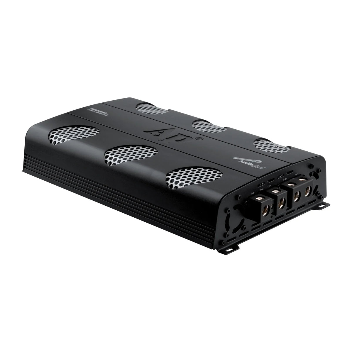 Audiopipe monoblock amplifier, black with front control area and input/output ports