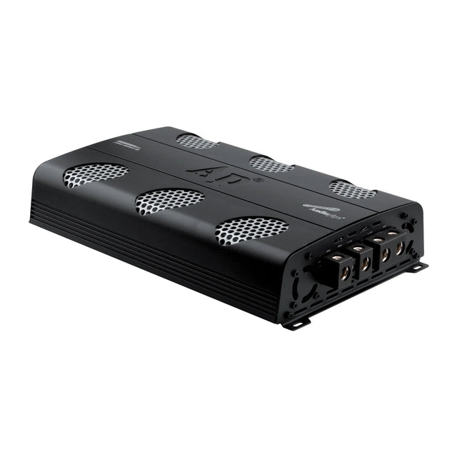 Audiopipe monoblock amplifier, black with front control area and input/output ports
