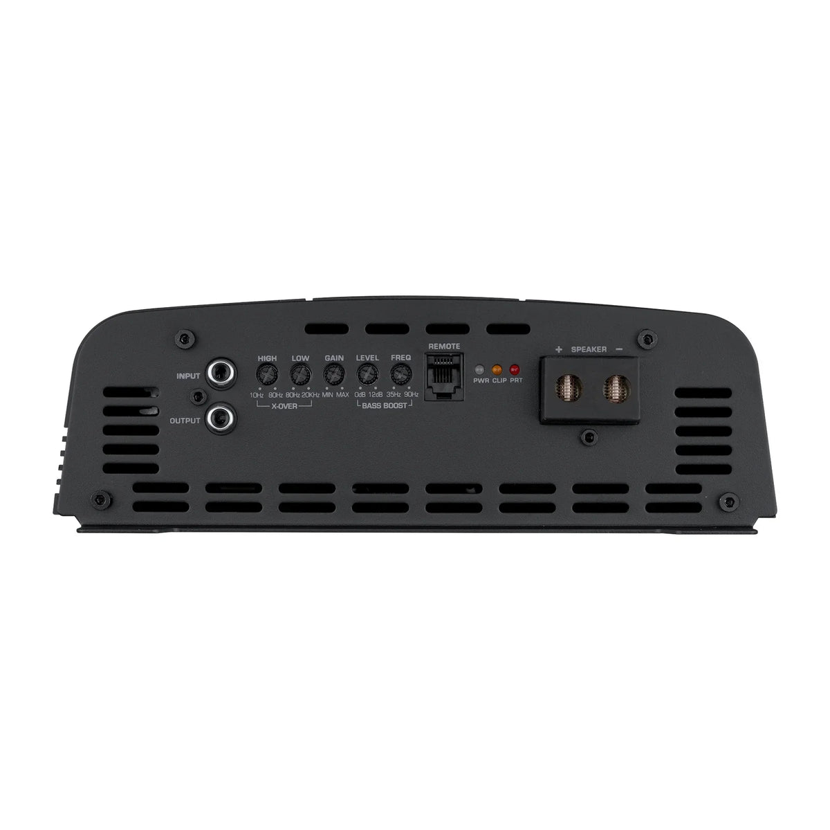 Audiopipe amplifier rear side showing input, output, and adjustment controls on black chassis
