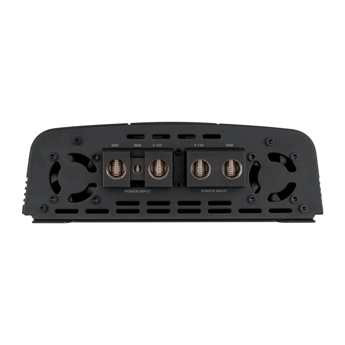Audiopipe amplifier rear connection panel with power input terminals and vented slots