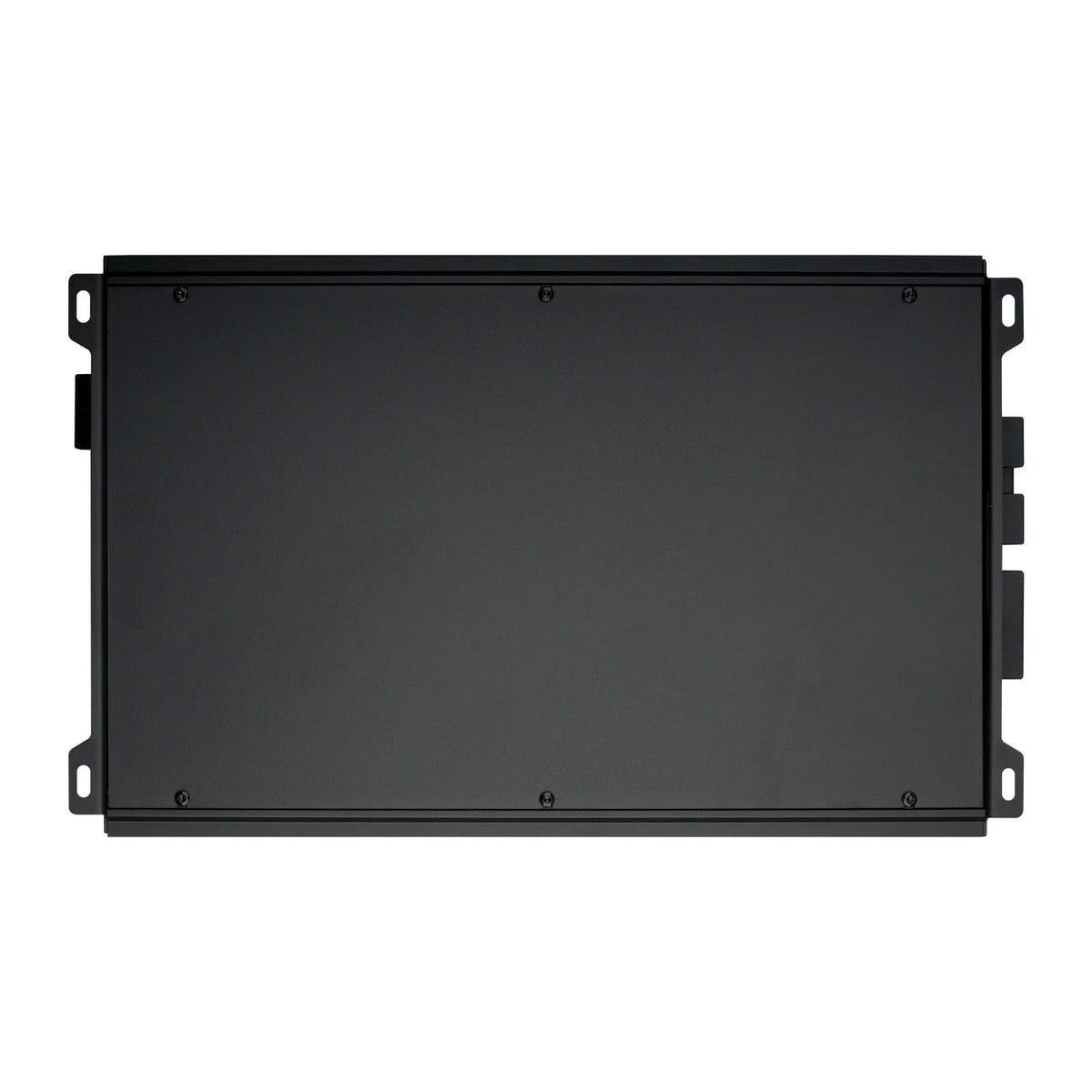 Audiopipe amplifier rear enclosure view with smooth black metal and corner brackets