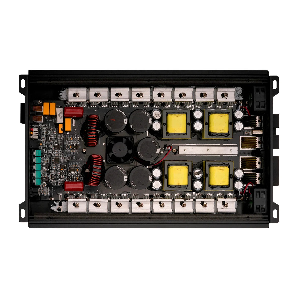 Audiopipe amplifier internal circuit board with capacitors and component layout