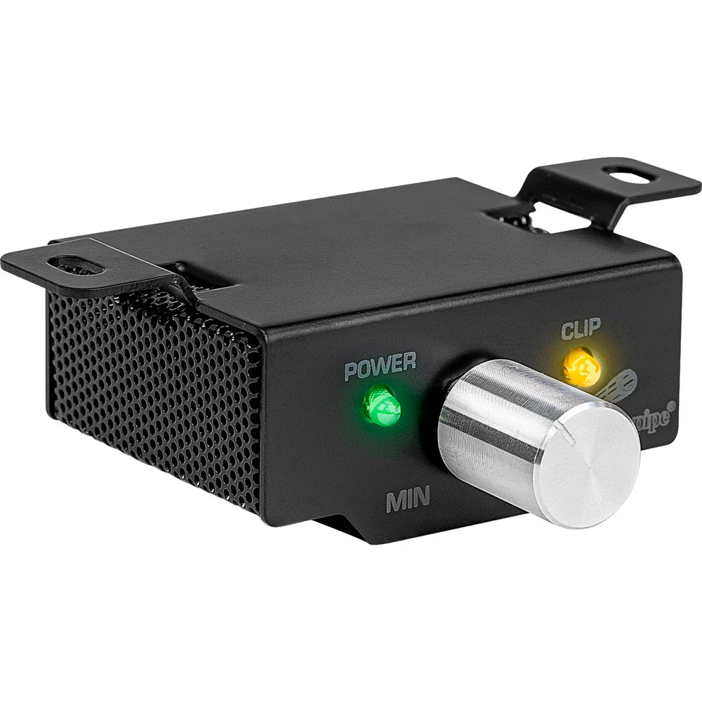 Black car amplifier side panel with power and clip LEDs and power level knob