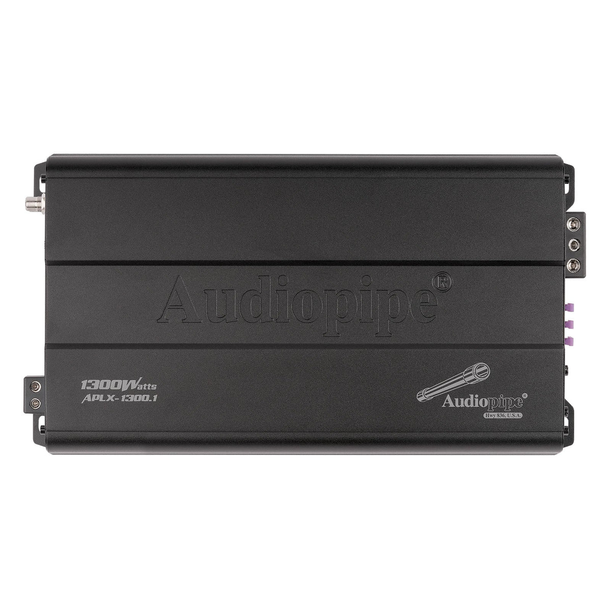 Audiopipe monoblock class D car amplifier, black front panel with Audiopipe logo