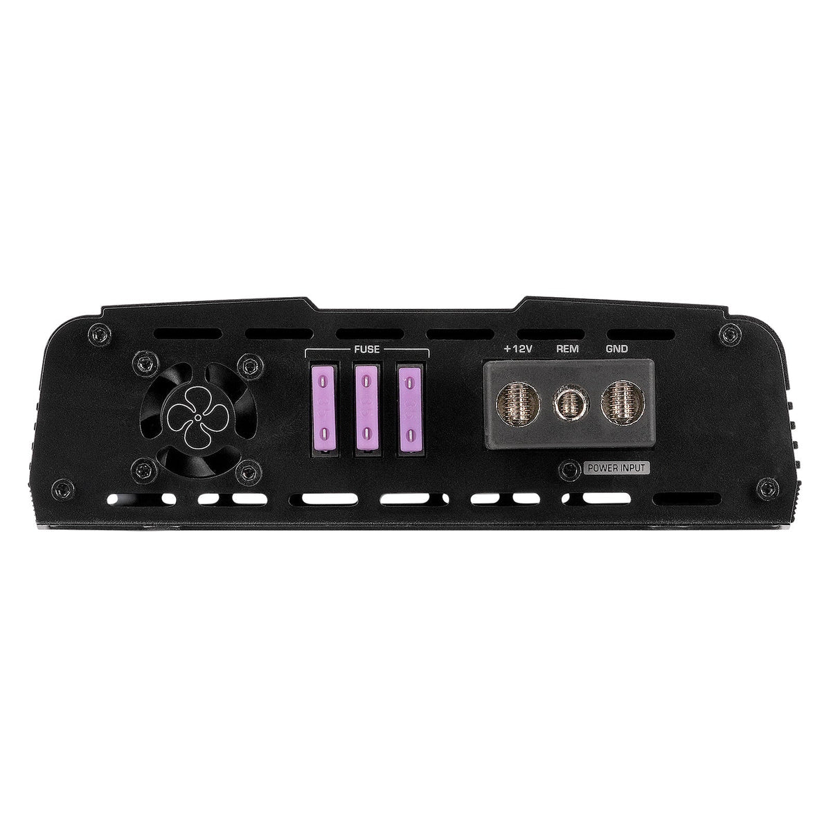 Audiopipe monoblock class D amplifier, underside panel with fuse and wiring terminals